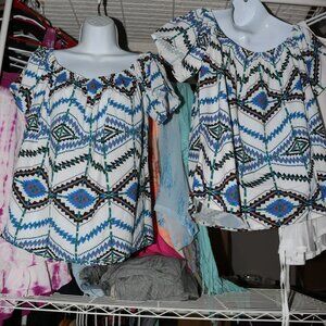 Joy Joy White Tribal Print Off Shoulder Blouse